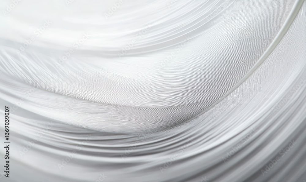 Poster delicate white feather close-up showing fluffy texture and purity of color for an ethereal effect.