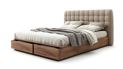 Obraz premium Modern Platform Bed with Beige Headboard, White Linens, and Wood Storage Drawers