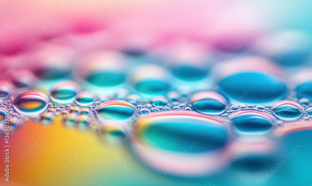 Aufkleber close-up of iridescent water droplets on a gradient surface creates an abstract and vibrant backgrou