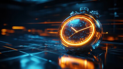 Futuristic digital stopwatch on circuit board, glowing,  abstract background