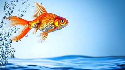 Goldfish in mid-air leap, vibrant orange scales, dynamic motion, clean blue water backdrop. Energy and freedom in nature's flow