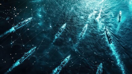Aerial view of naval vessels, digital network overlay, ocean. Potential for use in stock photography related to military technology or global connectivity