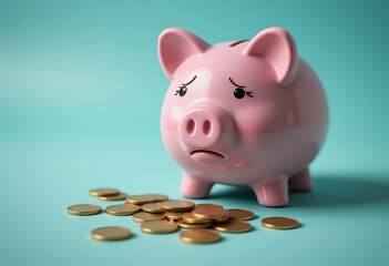 A sad piggy bank with coins scattered on a blue surface representing financial difficulties and loss of money