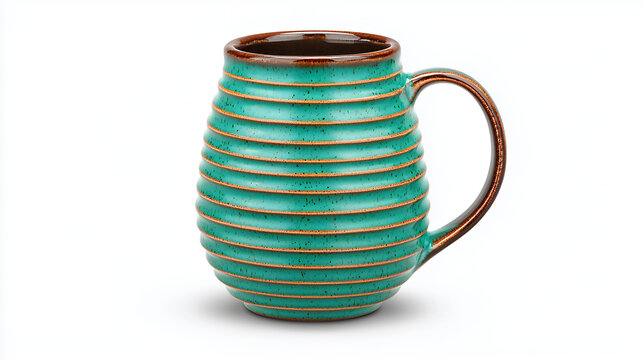Leal speckled ceramic mug with horizontal lines and rounded shape, featuring comfortable handle and glossy finish. design is both modern and rustic