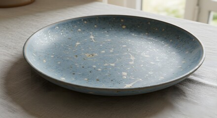 Blue Ceramic Plate with White and Gold Speckles on Tablecloth