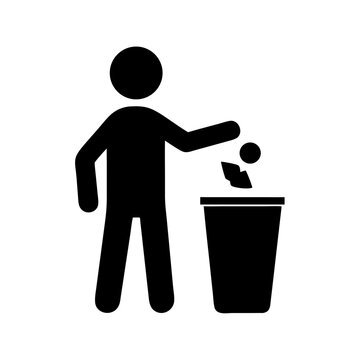 recommend clip art: Icono minimalista negro de una persona tirando basura a un contenedor, PNG con fondo transparente o aislado en blanco. Icono de papelera 