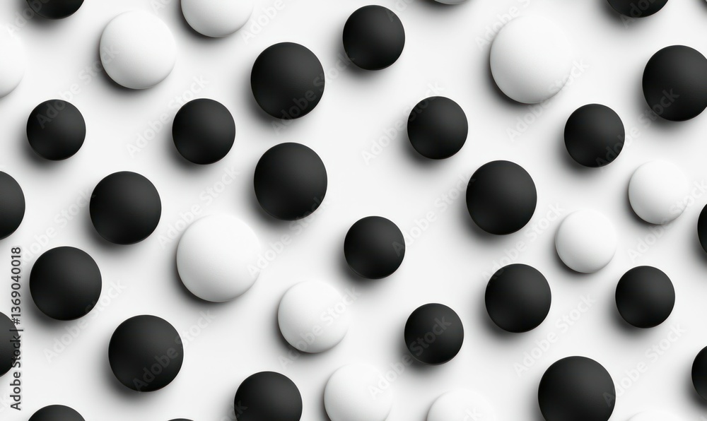 Poster black and white circles are scattered across a plain backdrop creating a clean geometric pattern.