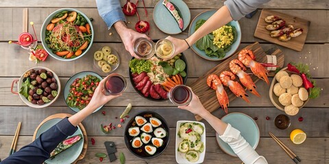 Fototapeta premium Overhead View of a Delicious and Abundant Festive Dinner Party Table with Many Dishes and Drinks
