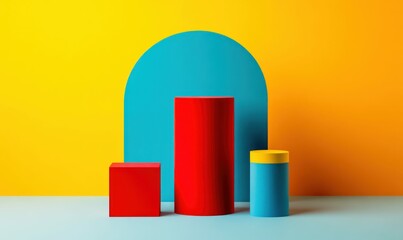 A visually striking still life featuring geometric shapes in bold primary colors on a vibrant background.