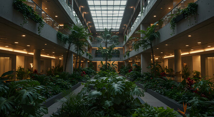 Lush indoor garden atrium blending nature with contemporary architecture and design