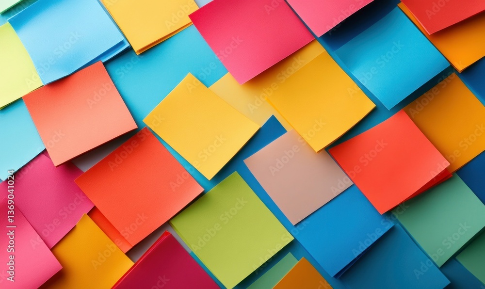 Aufkleber scattered colorful paper squares form an organized yet playful pattern on a blue background.