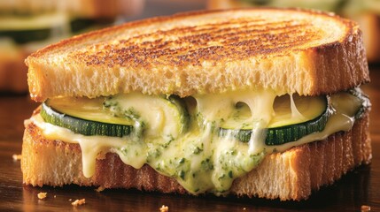 A close-up of a golden-brown grilled cheese sandwich filled with zucchini and creamy green goddess dressing, with melted cheese oozing out.