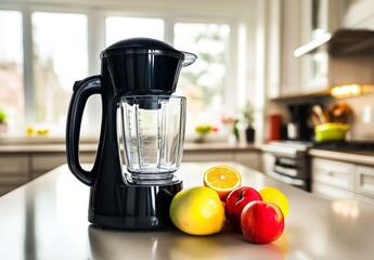 Stainless steel blender with fruits and empty glass bowl on kitchen counter