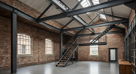 Spacious industrial loft with exposed brick walls and structural steel beams