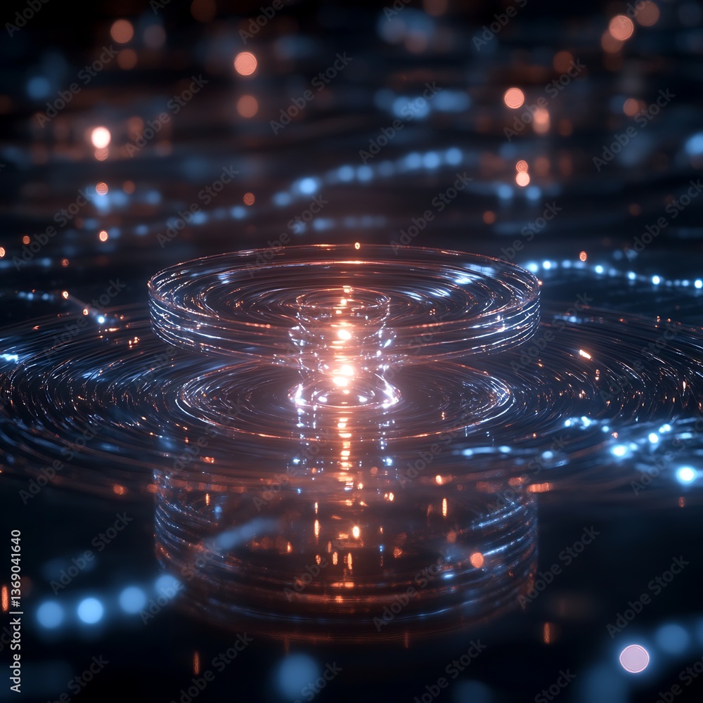 Poster abstract circular ripples with glowing center. intricate, transparent layers creating a mesmerizing 