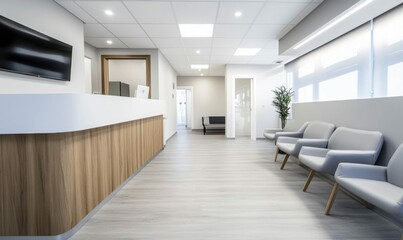 The bright and minimalist interior of a modern clinic waiting room is ready for patients.