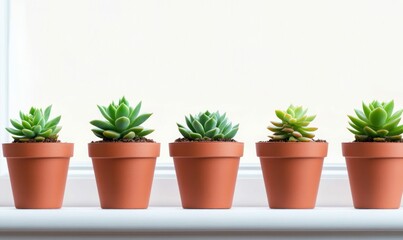 Obraz premium A line of five potted succulents sits on a bright windowsill, creating a serene indoor garden.