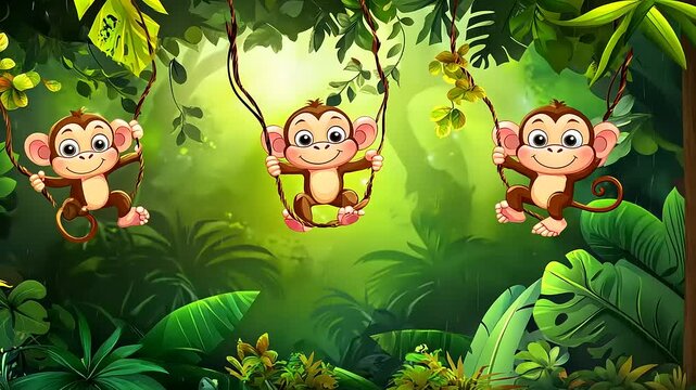 Three playful monkeys swinging on vines in a lush green jungle with vibrant foliage and sunlight
