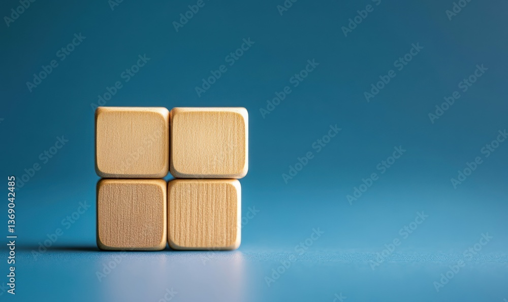 Poster four wooden blocks are stacked on a clean blue background creating space for text or graphics.
