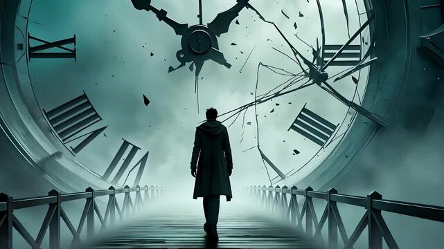 Silhouette walking through surreal giant clock with shattered pieces and foggy light