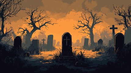 illustration cemetery at sunset