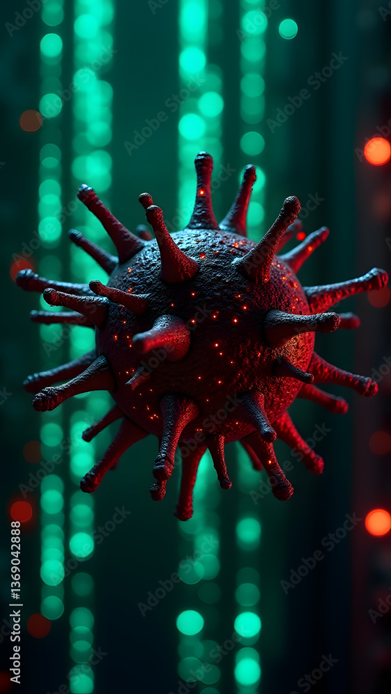 Poster a lethal zero-day virus with a spiked crown hacks systems, leaving neon-green trails of corrupted da