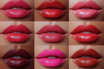 Close-up collage of lips wearing various bold lipstick shades on different skin tones