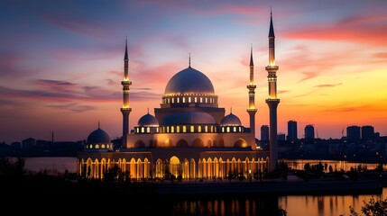 Obraz premium Sunset illuminates a mosque by the water