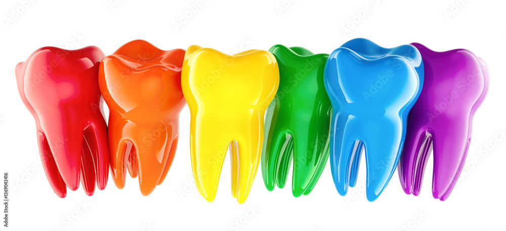 Poster row of colored teeth, 3d rendering isolated on transparent background