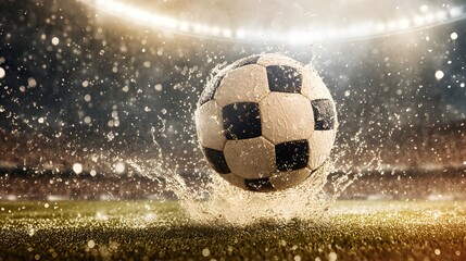 Fototapeta premium Soccer ball mid-kick with splashing water droplets, capturing dynamic energy and motion