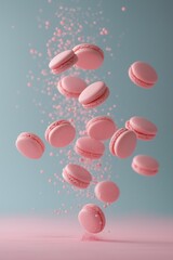 Fototapeta premium Pink macarons fall gracefully through the air on a soft blue-pink background