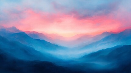 Obraz premium Vibrant sunrise over misty mountains fills the landscape with serene colors and a tranquil atmosphere