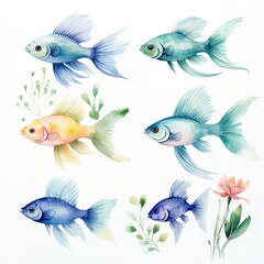 Fototapeta premium A set of six watercolor fish in different colors swimming with aquatic plants on a white background