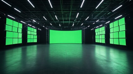 Large, empty studio with green screen backdrop and video screens.