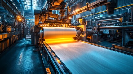 Obraz premium Industrial factory production process at night with rolling machinery and glowing metal sheets