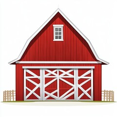 Traditional red barn architecture with white details on White background clipart