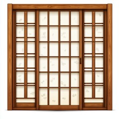Traditional Japanese shoji door with wooden frame and rice paper panels on a White background clipart isolate