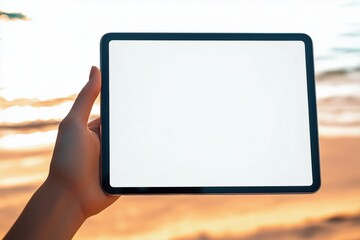 A person holding a blank tablet iPad mockup against a beach background during sunset. The ocean waves and sandy shore are visible, creating a serene atmosphere.