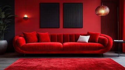 Red velvet couch, two black frames, floor lamp and rug create a modern interior