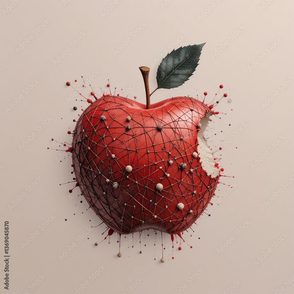 Poster an artistic and conceptual image of a red apple with a bite taken out. the apple is covered in an ab