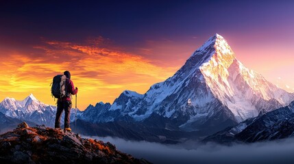 Fototapeta premium Majestic Mountain Peak at Sunset: A Hiker's Triumph