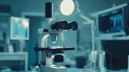 Modern ophthalmological clinic operating room. Surgical microscope central focus of photo. Equipment clean, modern. Vision correction cataract treatment taking place in room. Medical devices, tech