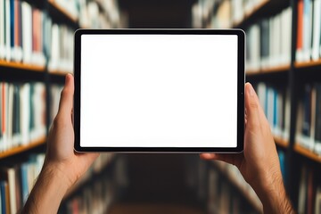 A person holding a tablet iPad mockup with a blank screen in a library setting, surrounded by bookshelves filled with books.