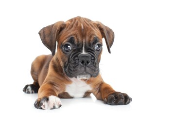 Obraz premium Portrait of a German Boxer Puppy Isolated on a White Background, the Pet Looks at the Camera