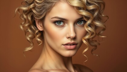 Fototapeta premium Close-up of a confident blonde woman with curled hair and captivating eyes on a solid orange background. Ideal for beauty, fashion, and lifestyle concepts.