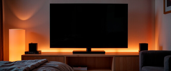 Cozy bedroom with a TV on minimalistic stand, warm ambiance
