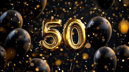 Golden balloons in shape of number 50 surrounded by black balloons, golden confetti. Black, golden decorations for fiftieth birthday golden wedding anniversary celebration. Festive event design.