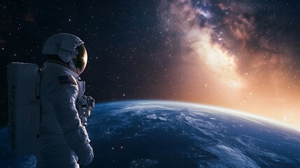 Milky Way rising above Earth's horizon, astronaut gear in foreground, showcasing cosmic wonder