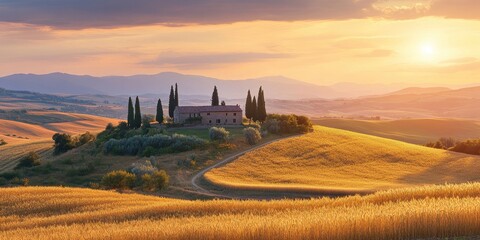 Fototapeta premium Serene landscape featuring rolling hills, cypress trees, and a rustic farmhouse at sunset.