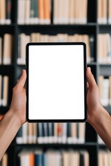 A person holding a tablet iPad mockup with a blank screen in front of a bookshelf filled with books. The background is blurred, emphasizing the tablet.